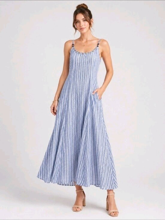 Calypso St. Barth Dresses & Skirts - Calypso St Barth Women's Linen Blend Blue Stripe Beaded Maxi Dress Pockets XXS
